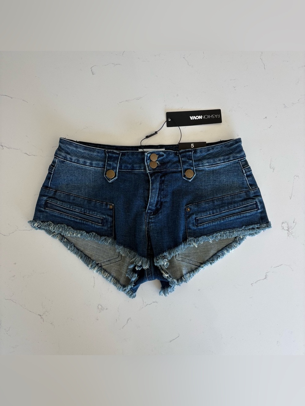 Fashion Nova Dark Blue Frayed Hem Denim Shorts